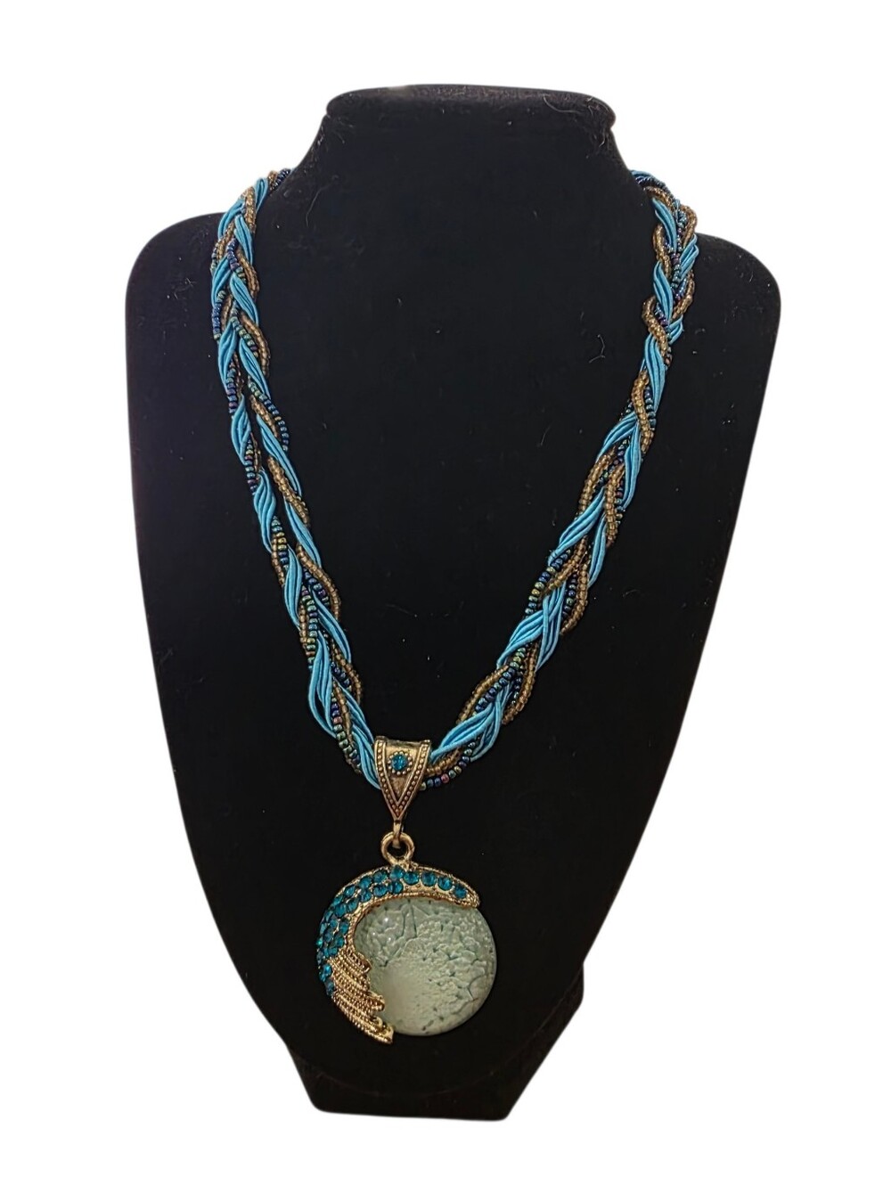 Braided Turquoise and Bronze Pendant Necklace - Women Jewelry